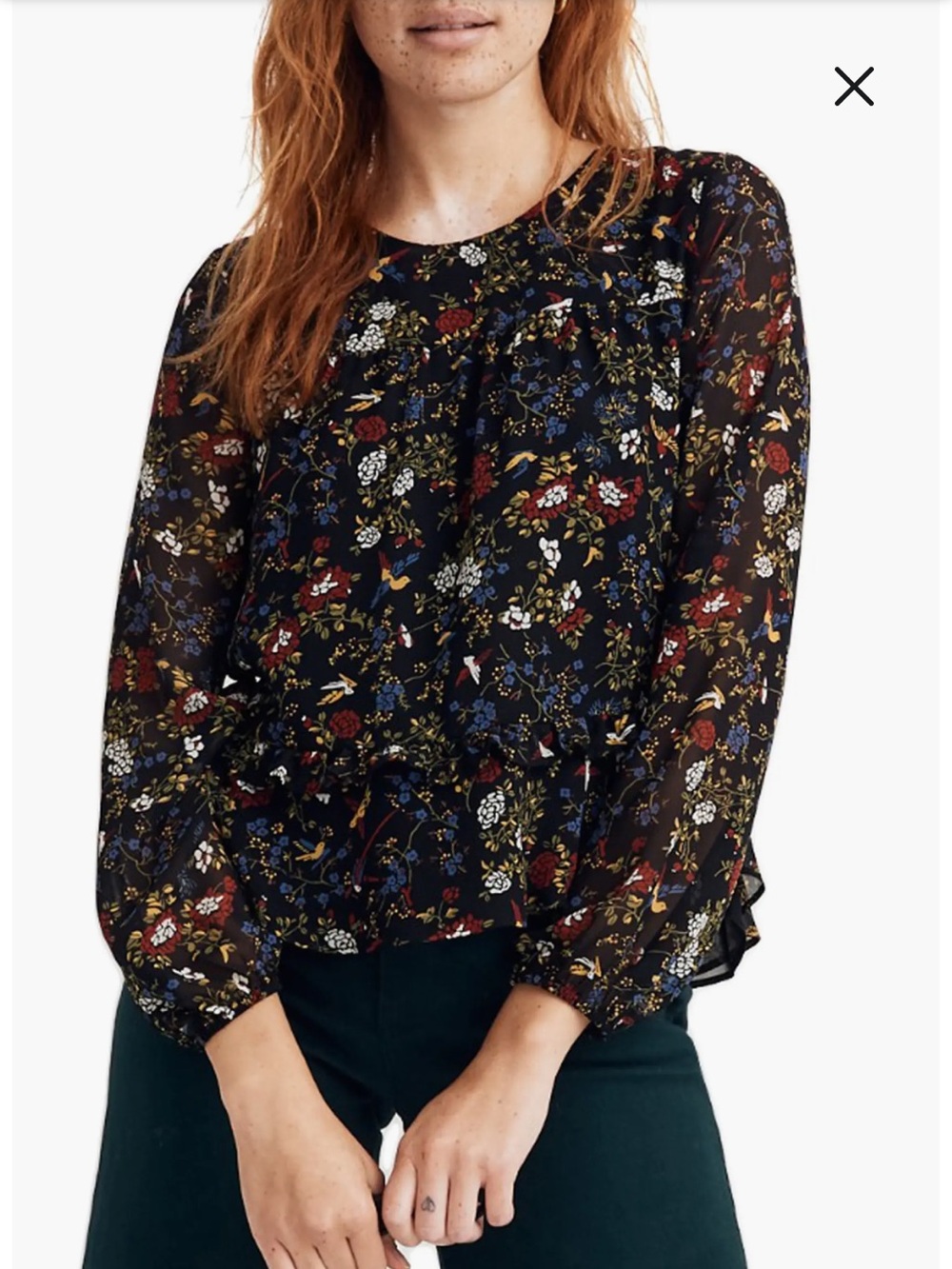 Madewell Finch Floral Sheer Sleeve Ruffle Peplum Top Size Medium
